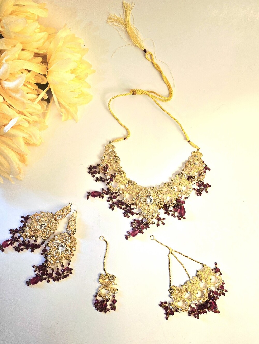 Gold and Burgundy Indian Bridal Jewelry Set Elegant Women’s Necklace & Earrings
